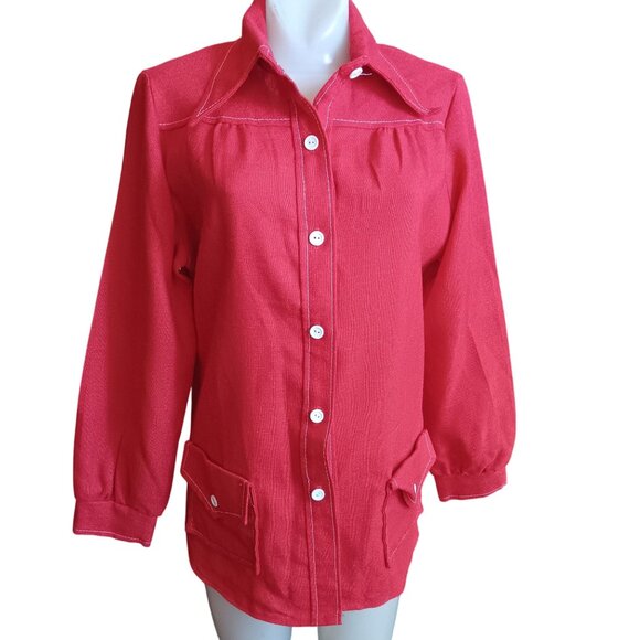 Vintage Medium Wome's Mod Jacket Shirt 1970's Sears Red Burlap granny Pockets - Picture 2 of 6